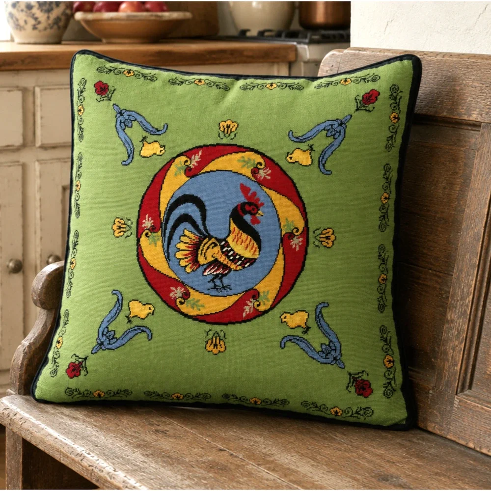 Vtg Rooster Needlepoint Pillow Cover 20 x 20 Green Bright French Country Velvet